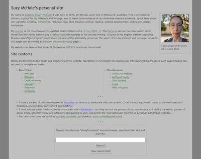 Screenshot of my site's main page, alternate design, 2/7/2026