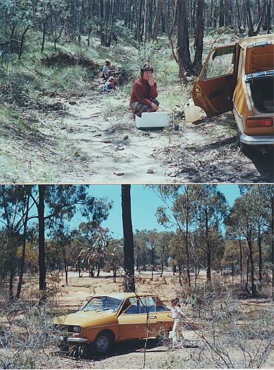 1979 family daytrip to Ballarat goldfields, two photos: stopped for a picnic
